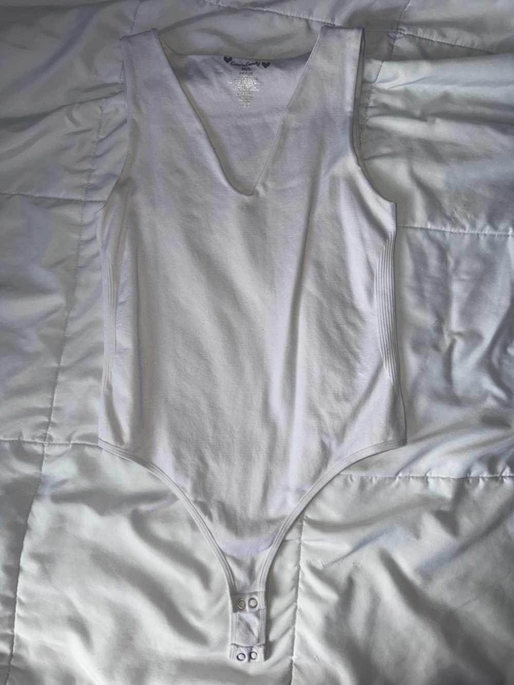 White Ribbed V-Neck Snap-Closure Bodysuit